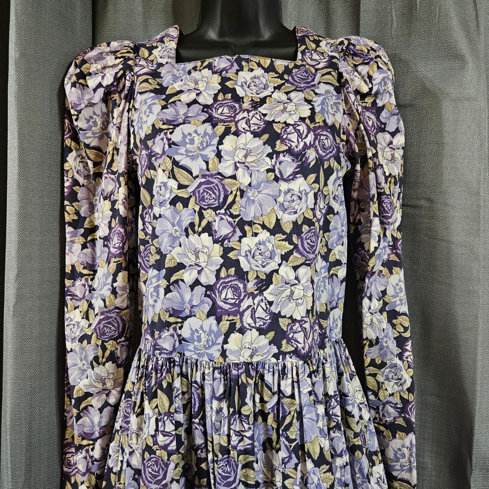 Vtg Laura Ashley 80s Purple Floral Cotton Puff Sleeve Midi Dress Great Britain 8